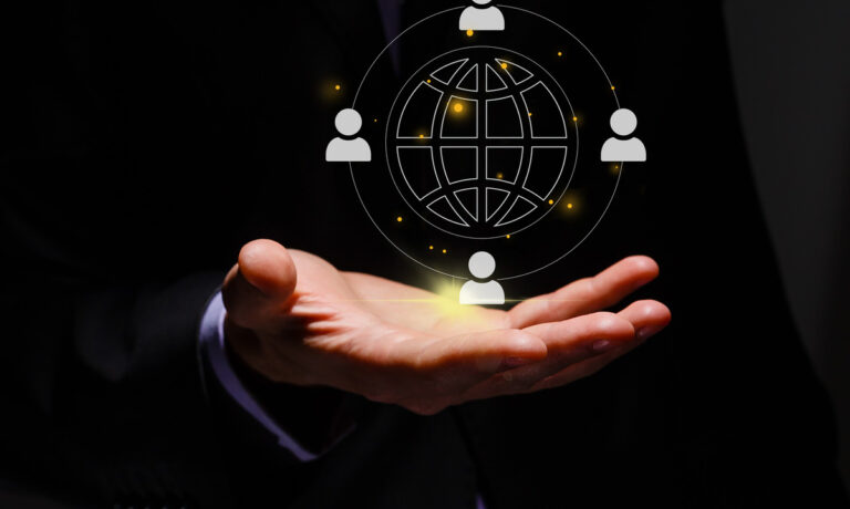 Outsourcing concept. Human resources and global recruitment for business. Person hold virtual outsourcing icon for business working and company. Midmarket CFO Strategic Outsourcing