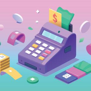 Isometric purple cash register with money and receipts currency dollar