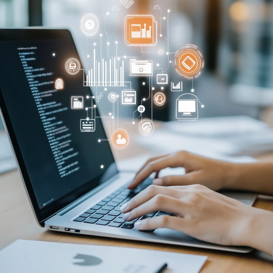 Laptop screen close-up with glowing icons. Marketing, promotion services. Outsourcing, consulting, remote assistant. Organization of work process