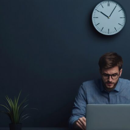 Professional businessman working late, focusing intently on laptop screen, navigating high pressure workplace environment with visible concentration and determination