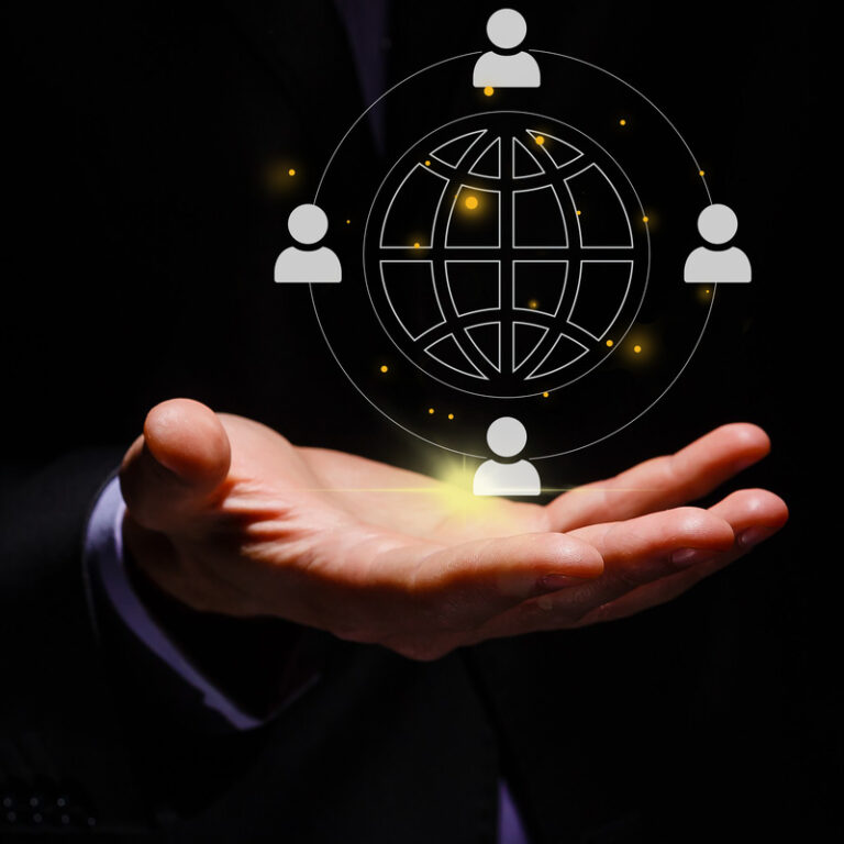 Outsourcing concept. Human resources and global recruitment for business. Person hold virtual outsourcing icon for business working and company. Midmarket CFO Strategic Outsourcing